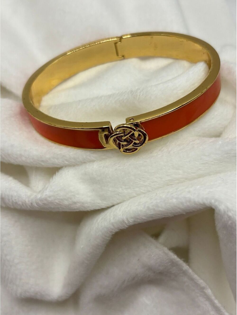 Stella & Dot "Lindsay" Gold Tone Orange Enamel Celtic Knot Bangle Bracelet